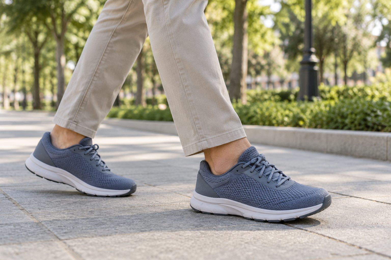 Persona caminando con zapatillas genéricas de malla azul grisácea en un paseo urbano junto a un parque.