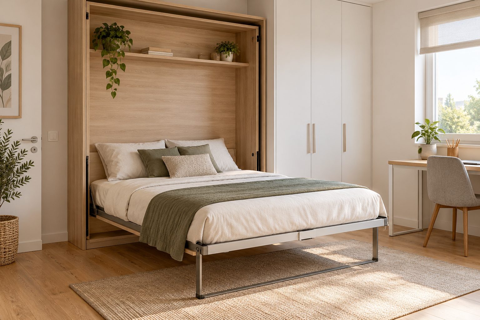 Cama abatible vertical abierta junto a un armario blanco y un escritorio lateral
